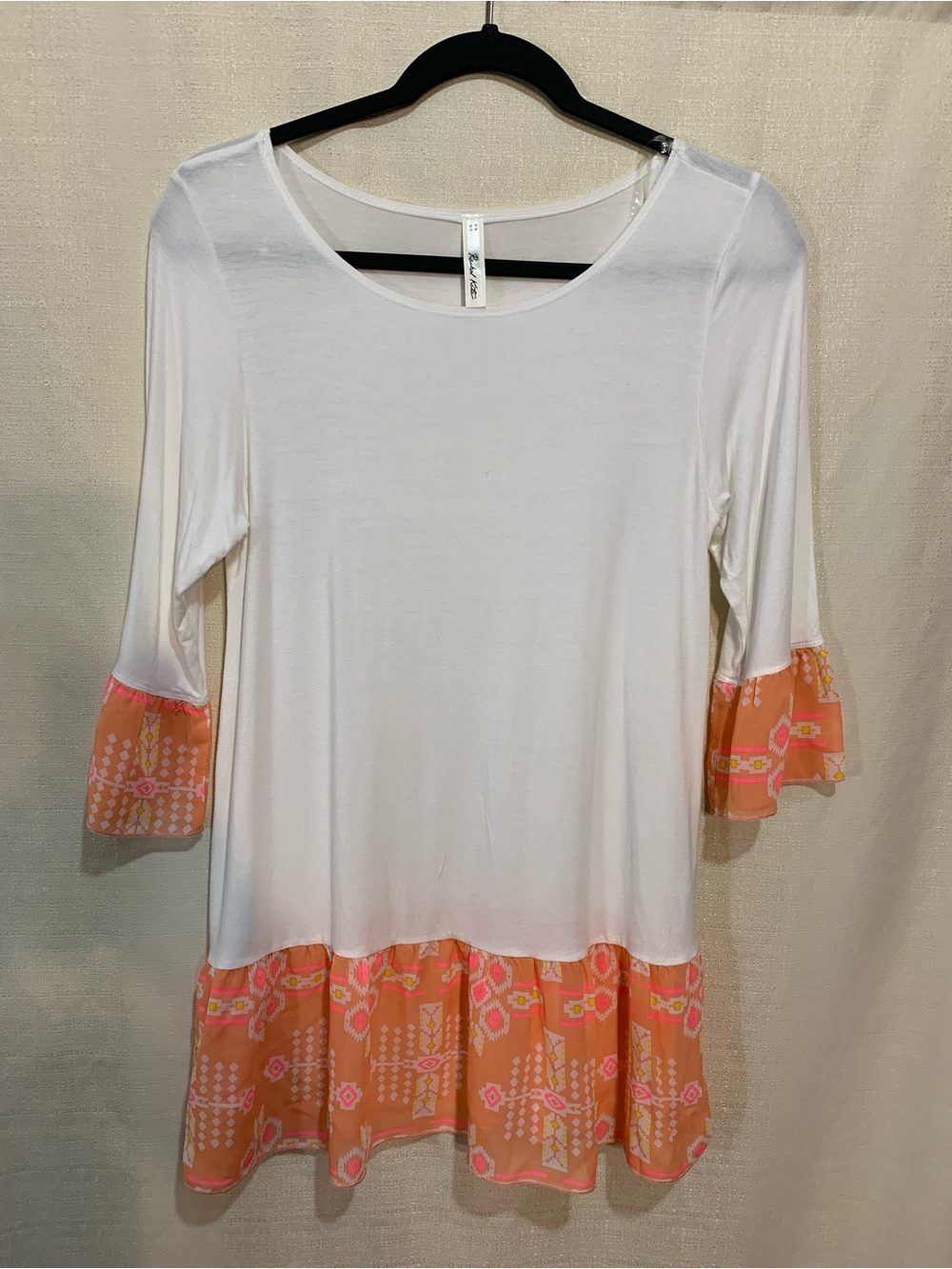 Rachel Kate White Tunic with Coral-Orange Printed Ruffle Hem a1/4